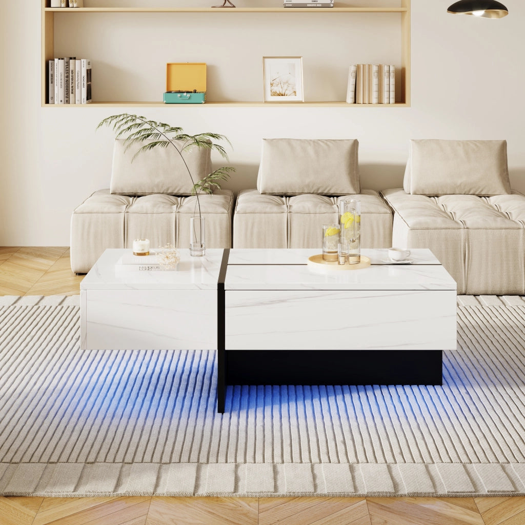 OKWISH Tavolino da Salotto Effetto Marmo Lucido con 3 Cassetti e LED controllato tramite applicazione, 100×50×34,5 cm