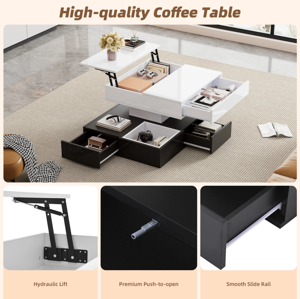 Tavolino da salotto quadrato sollevabile con piano girevole 360°; 70x70x40/55 cm; bianco nero