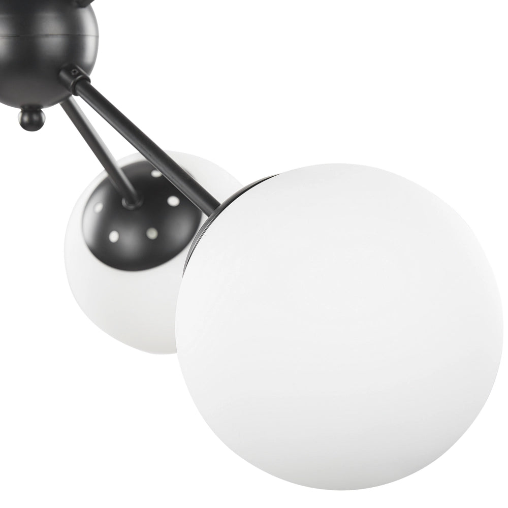 Lampada a Sospensione in Metallo Nero da 100 cm con 6 Lampadine e Paralumi in Vetro Bianco