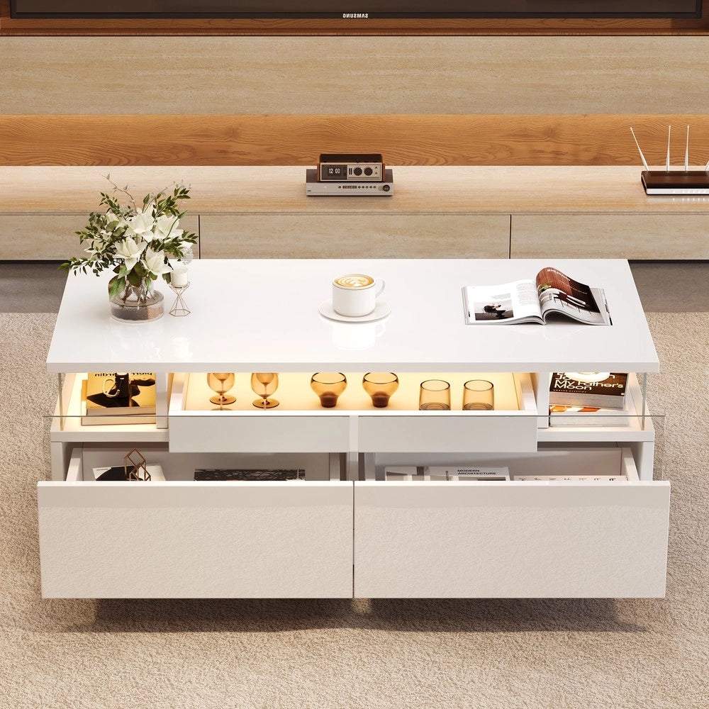 Tavolino da Caff¨¨ con LED e Cassetti ¨C MINIMAL ¨C Vetro Temperato, Bianco, 90x45x35.5