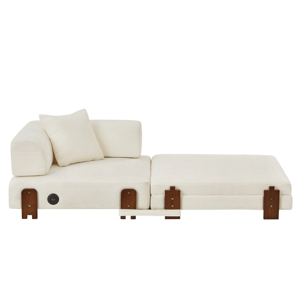 Divano letto con funzione letto, porte USB e Type C, tasche laterali e vano portaoggetti, in tessuto beige
