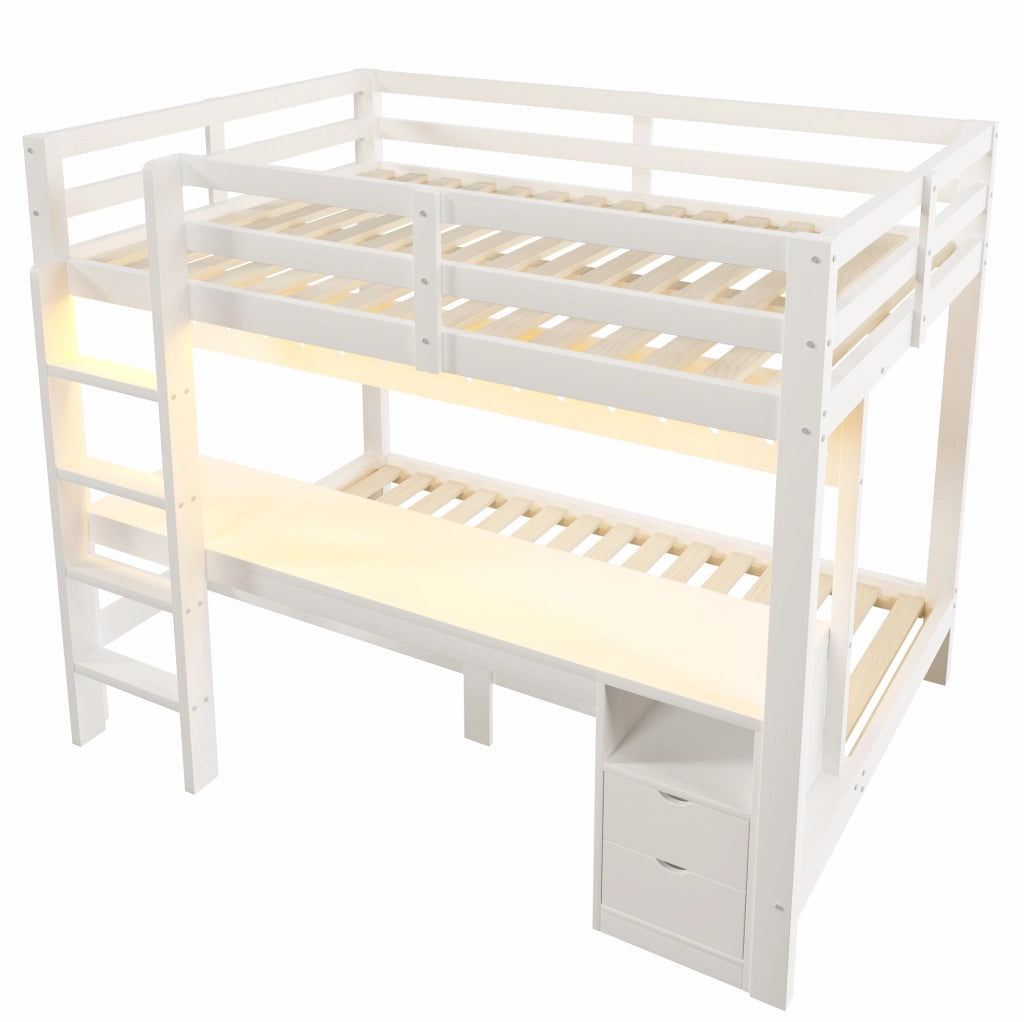 Letto a castello con scrivania, cassetti e luce LED 140x200/90x200