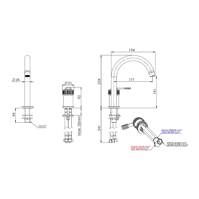 Miscelatore monocomando per lavabo a due fori senza scarico - serie Atelier