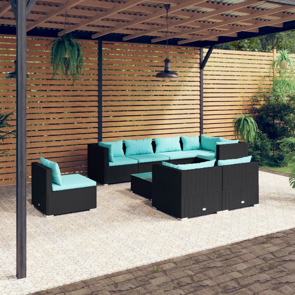 Set Divani da Giardino 9 pz con Cuscini in Polyrattan Nero 3102617