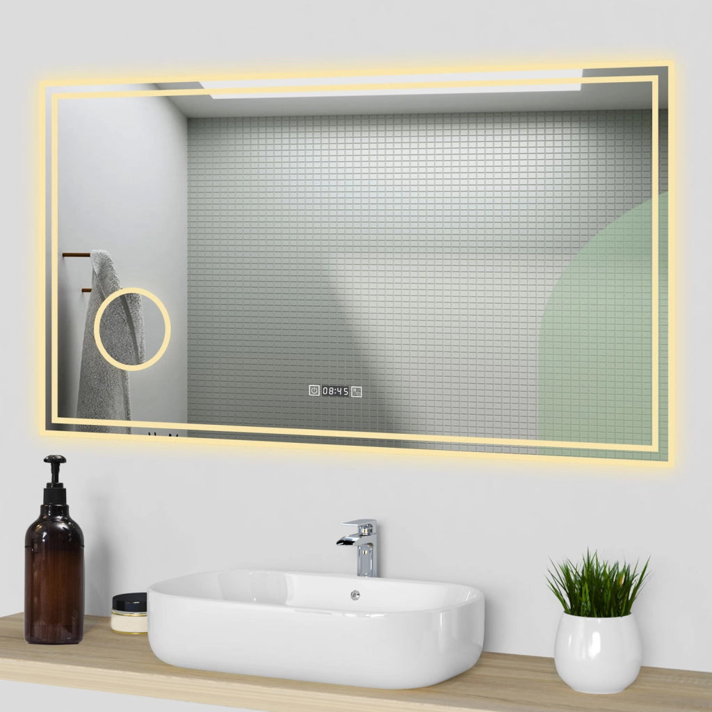 Specchio da bagno a LED, 120x70cm, orologio, Lente d'ingrandimento