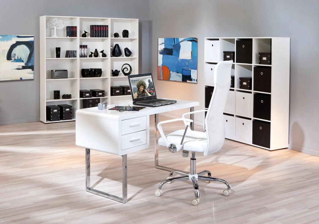 SCRIVANIA CLAUDE MDF LACCATO BIANCO LUCIDO+CASSETTI 120x55x76H GAMBE METALLO