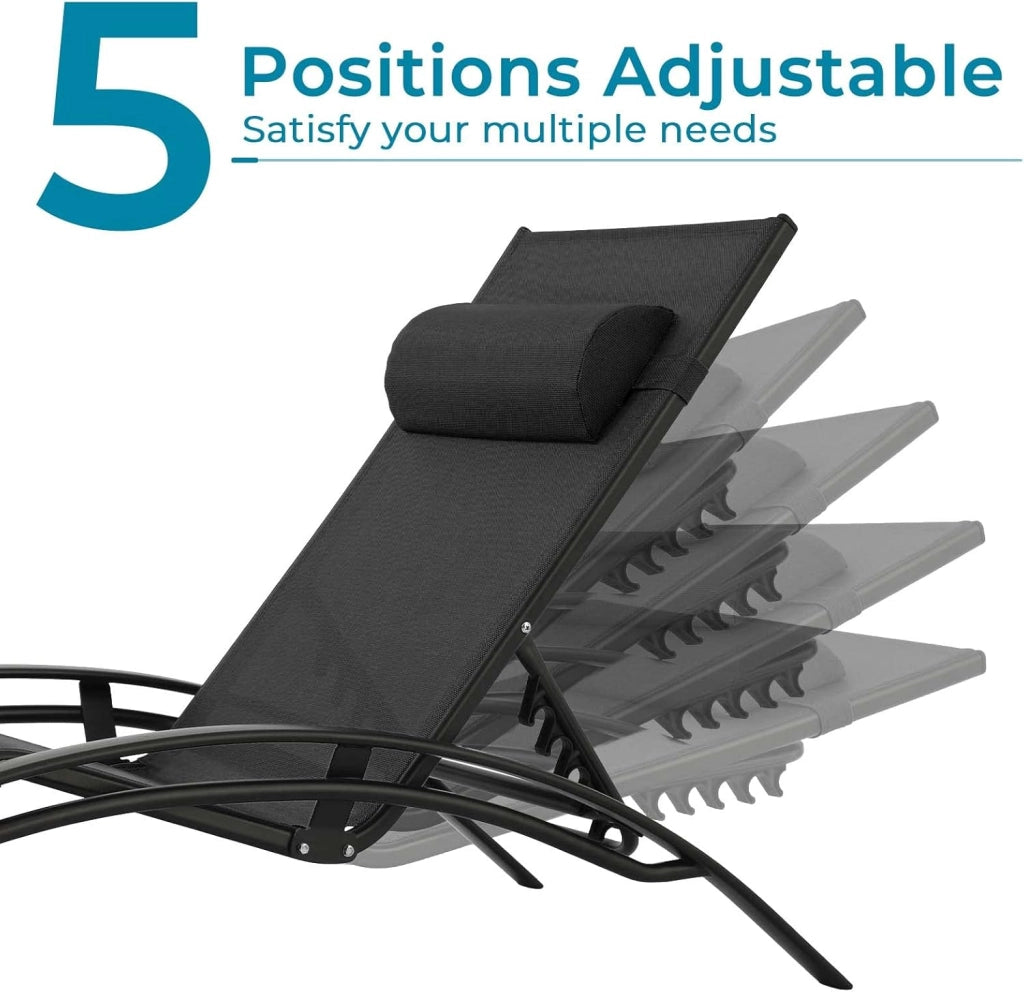 Set di 2 lettini prendisole in alluminio, Lettino da Giardino, con Tavolo e Cuscino Poggiatesta, Resistenti alle intemperie, Schienale regolabile in 5 posizioni, Adatto per giardini, piscine