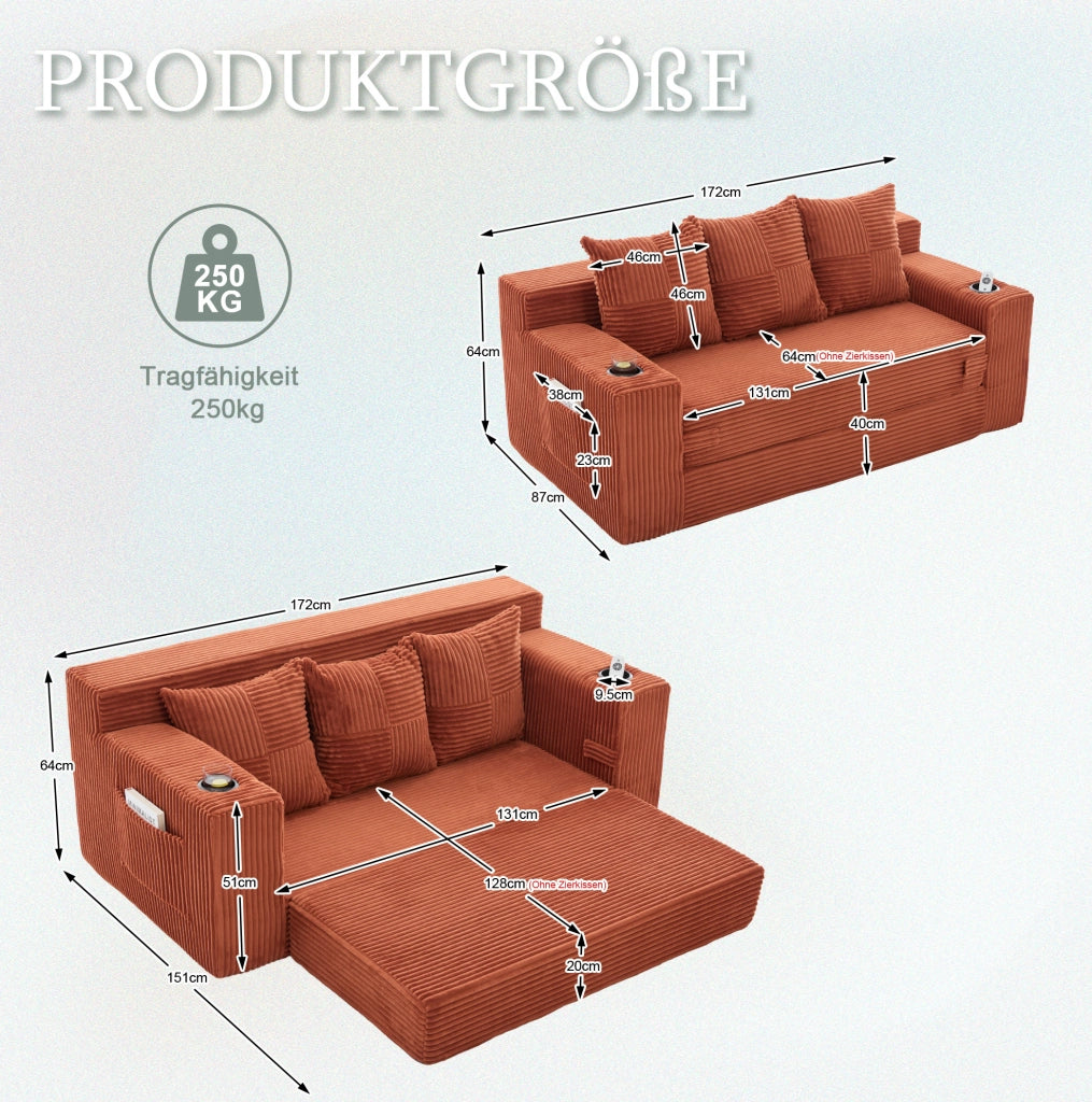 DIVANO MODULARE 2 POSTI a Pavimento 172x87x64 cm in Velluto a Coste Arancione