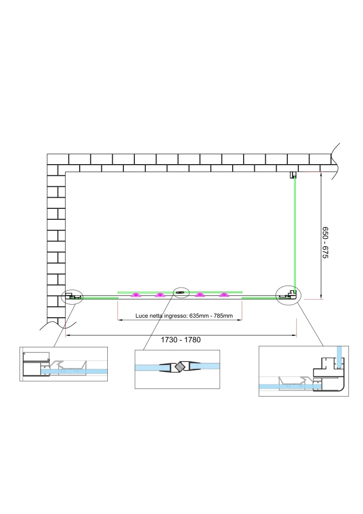 Box doccia 6 mm H 190 parete fissa e porta a 4 ante con apertura centrale MISURA 65-67,5 ANTA FISSA + PORTA 173-178