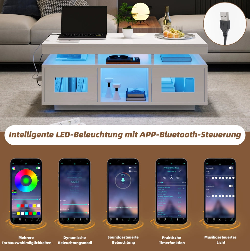 Tavolino da caffè bianco lucido 100 x 50 x 43 cm con LED, presa e USB