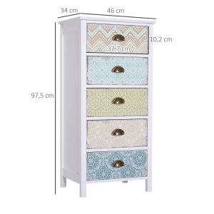 Cassettiera con 5 cassetti e protezione antiribaltamento, stile shabby chic, per soggiorno e camera, in MDF multicolore