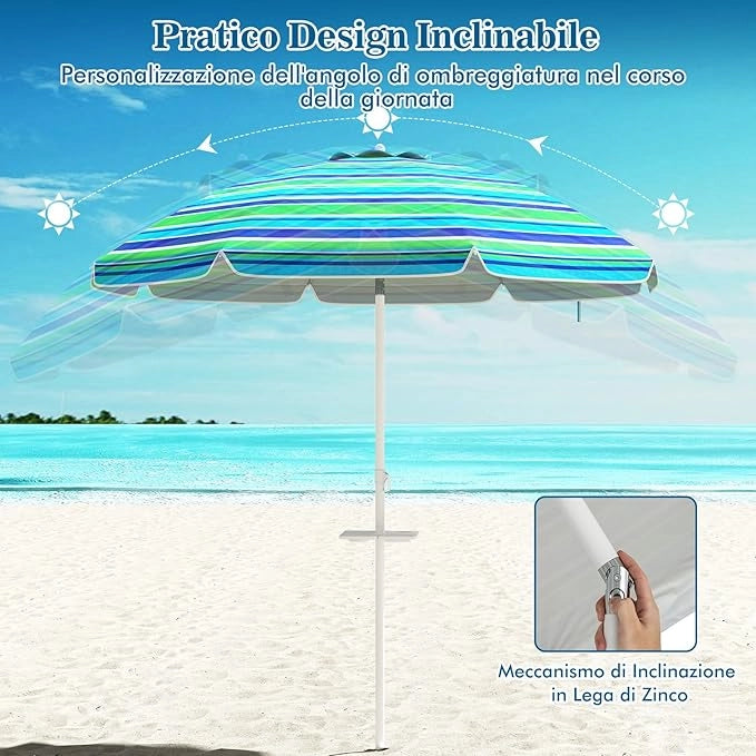 Ombrellone da Spiaggia 200 x 220 cm, Ombrellone da Mare con Inclinazione Regolabile, con Vassoio, 8 Stecche, Protezione UV, Impermeabile, Borsa di Trasporto (Verde)