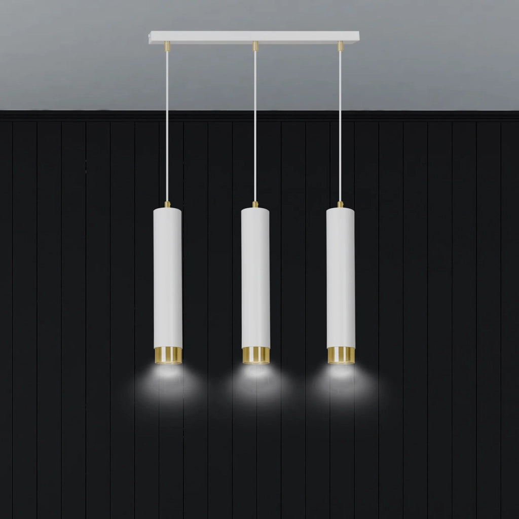Lampadario 3 Luci Brunilde In Acciaio Bianco E Tubolari In Bianco E Oro
