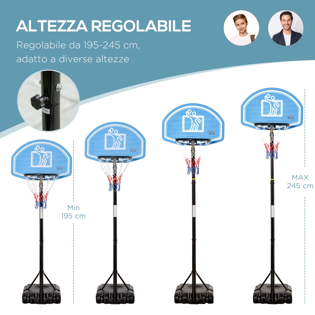EasyComfort Canestro Basket con Altezza Regolabile 197.5-245cm, Base con Ruote e Tabellone, Blu
