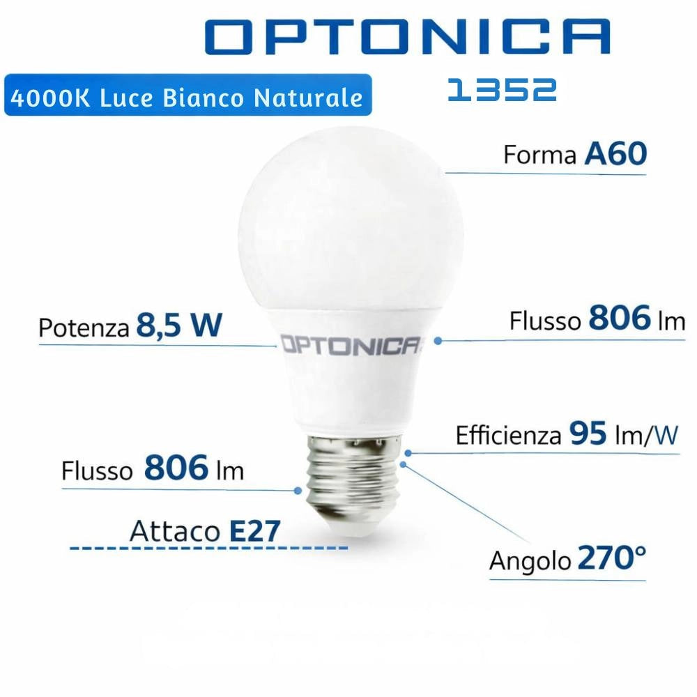 Lampadina led e27 a60 8,5 w alta efficienza 806 lumen *** temperatura colore lampada 4000k bianco naturale, confezione 1
