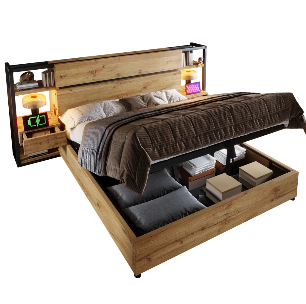 Letto matrimoniale 180x200 cm con contenitore e USB Type-C; struttura in MDF e metallo; rovere