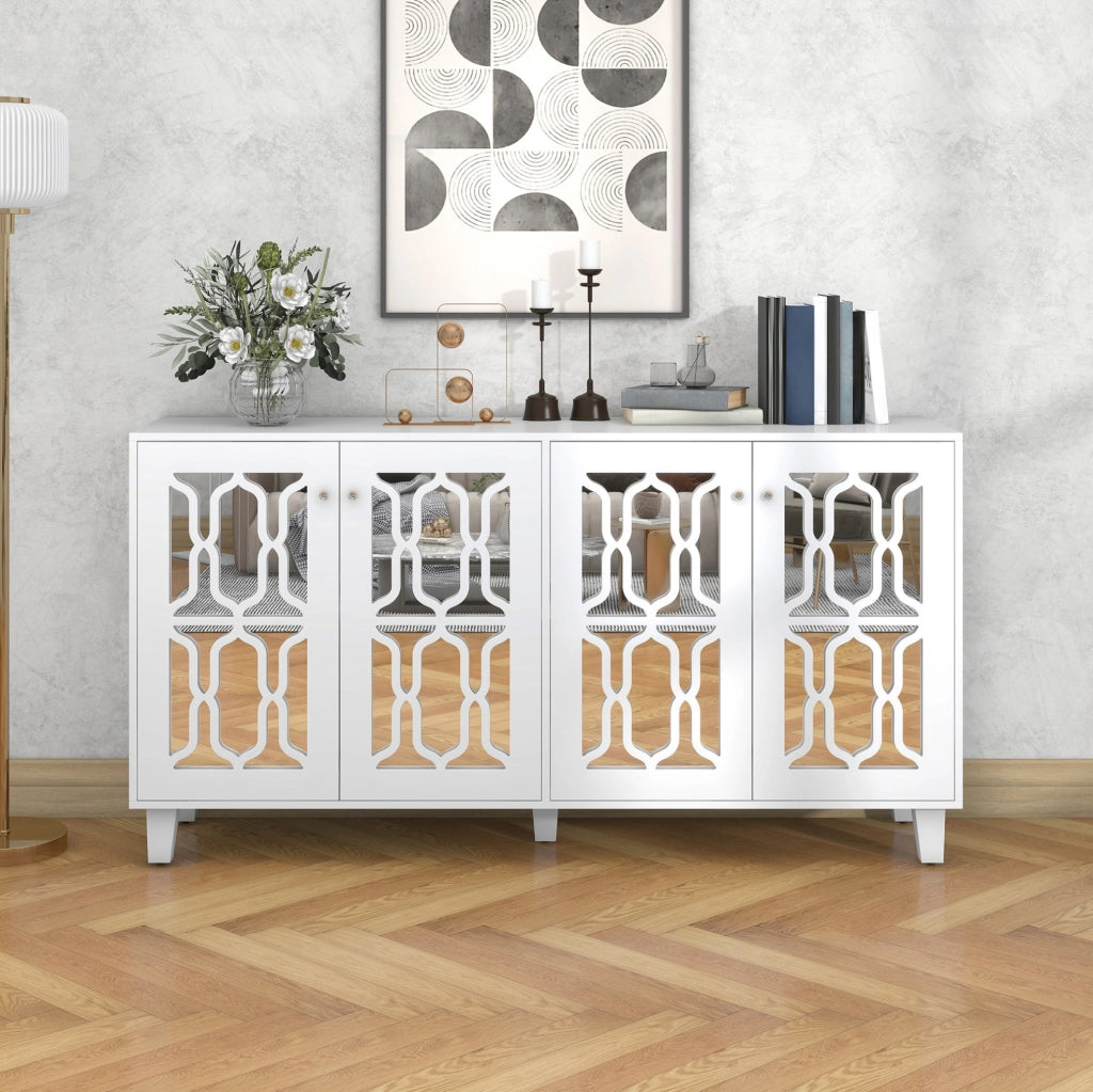CREDENZA 160x40x84 cm bianca con 4 ante superficie a specchio in MDF