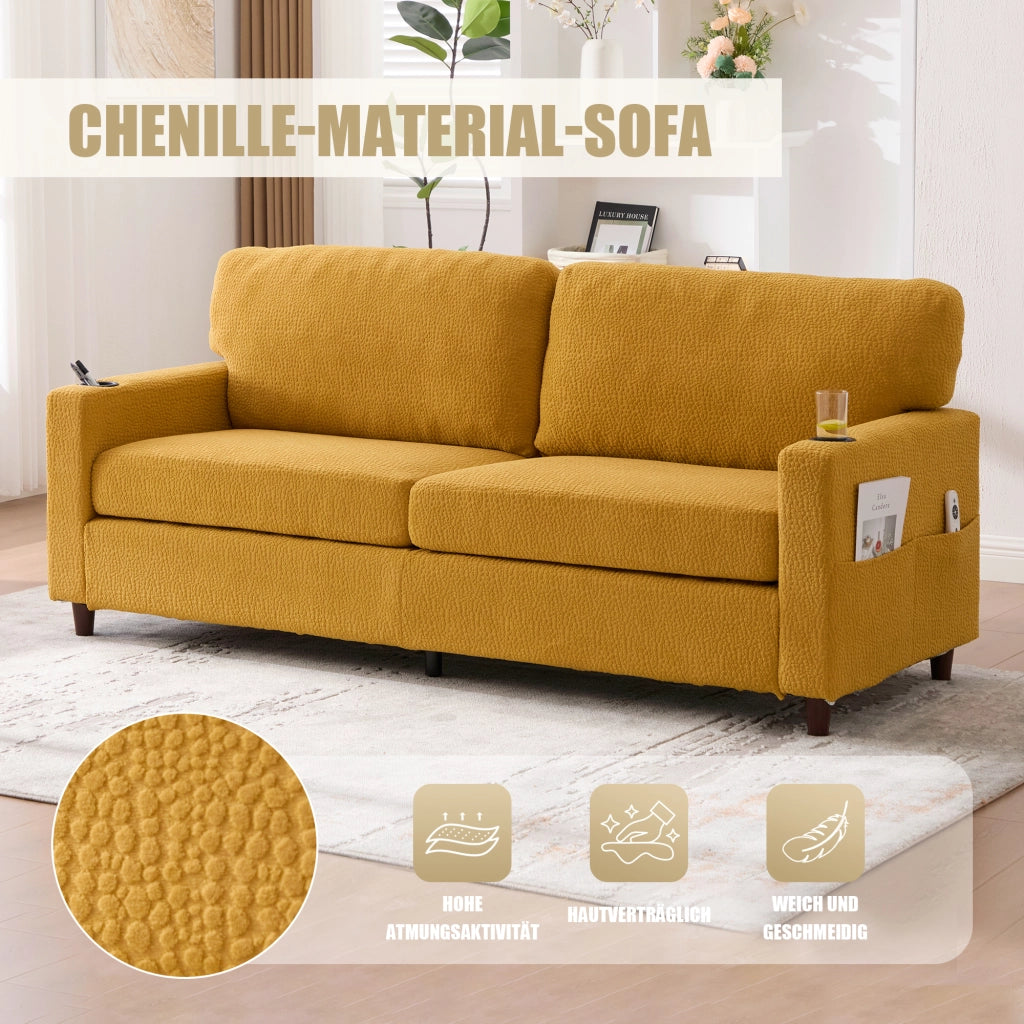 DIVANO 2 posti con USB-C e LED 203x77,5x86 cm Chenille giallo senape