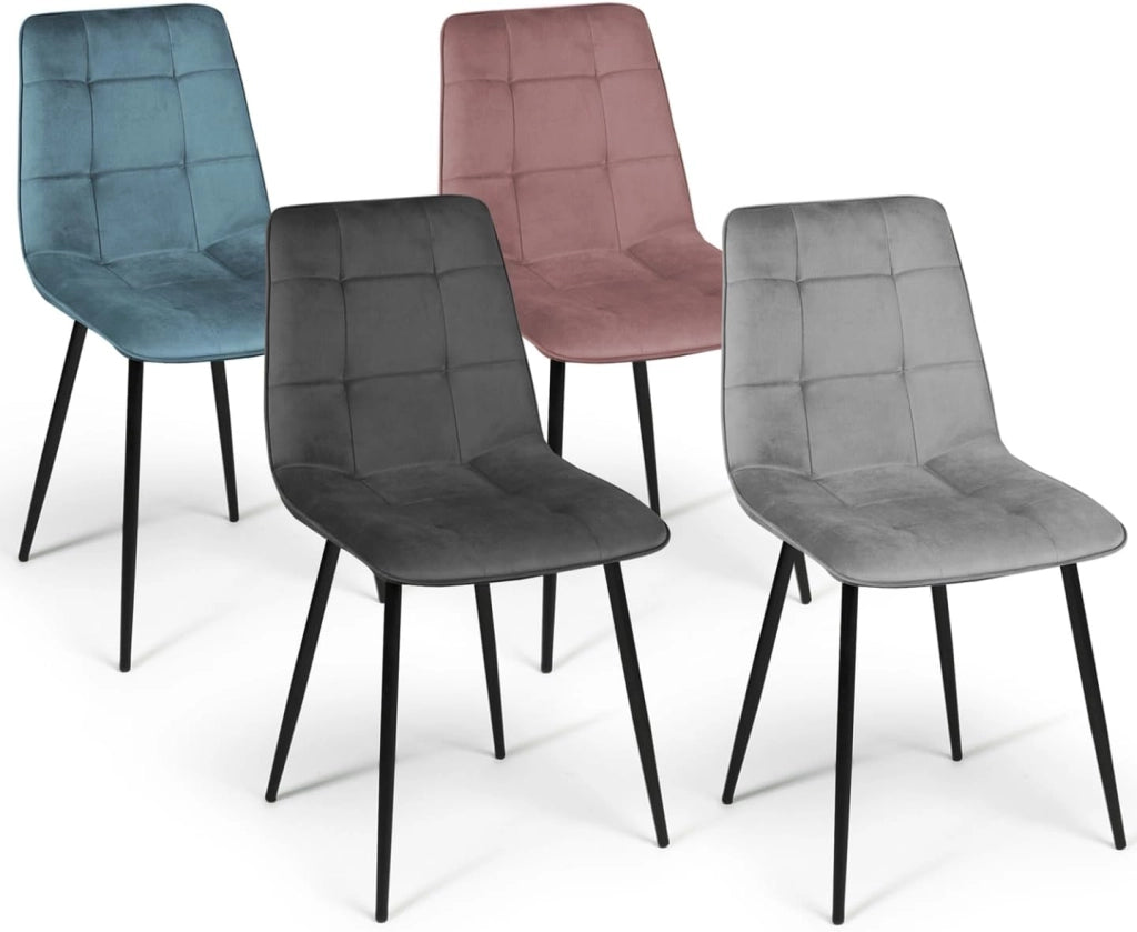 Lote de 4 sillas mixtas de terciopelo pastel MILA en azul, gris claro, gris oscuro y rosa
