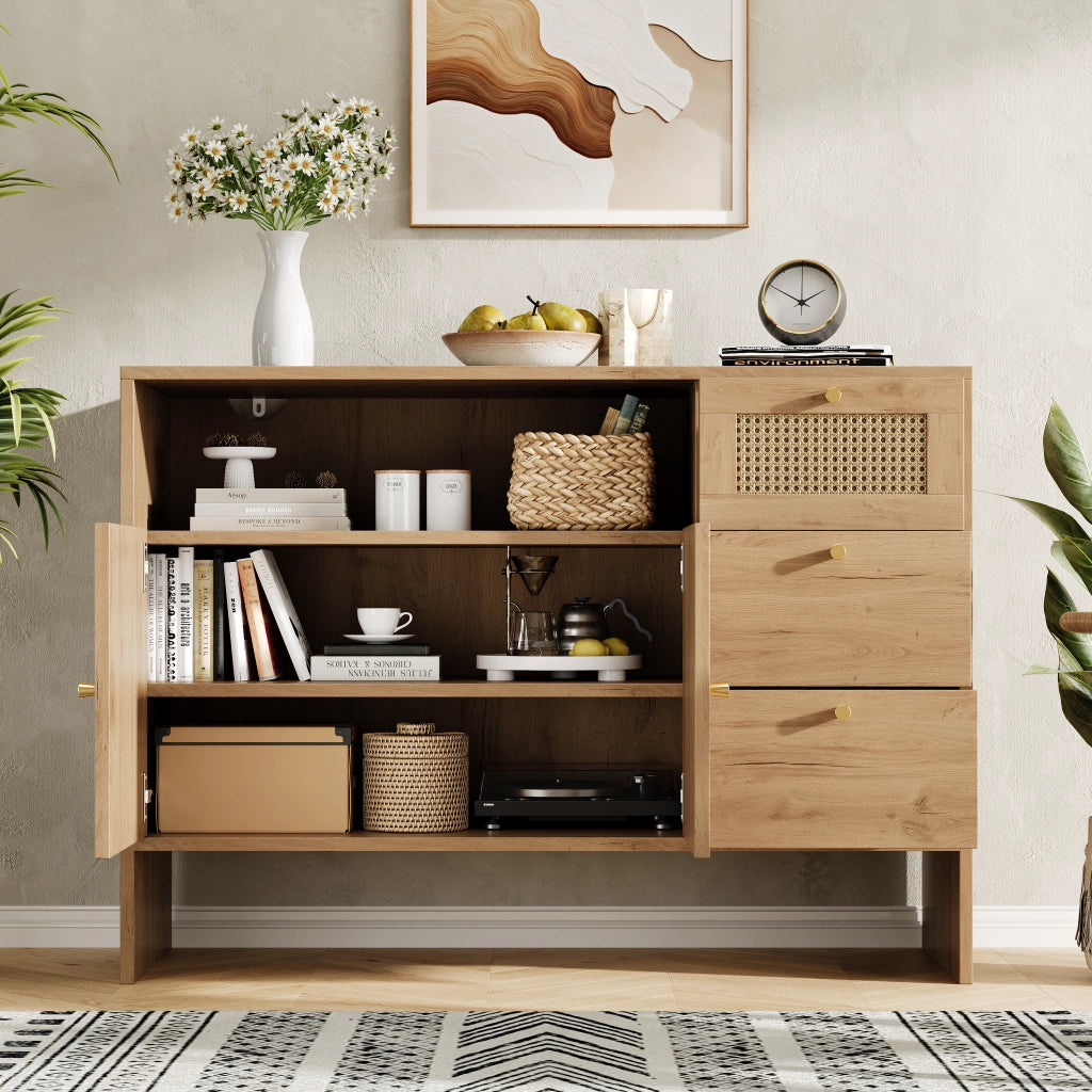 Credenza con 2 Ante e 3 Cassetti in Rattan ¨C Xylo ¨C Legno, 105x40x76