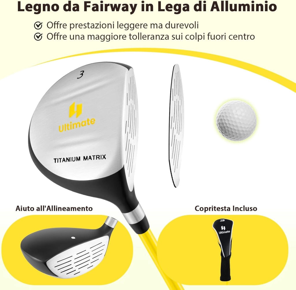 165CC Legno da Fairway Junior #3 per Bambini, Mazza da Golf Individuale per Ragazzi e Ragazze con Asta in Fibra di Vetro e Copritesta, Mano Destra, 34 Pollici, Età 8-10