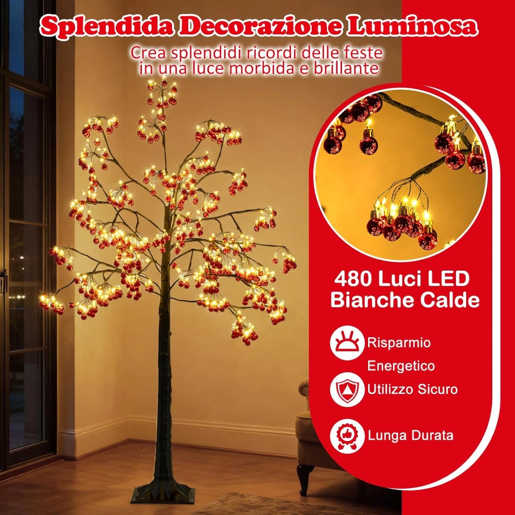 Albero di Natale Decorativo 150 cm, Albero Artificiale con Rami Pieghevoli, 384 Palline Rosse, 480 Luci LED e Picchetti di Ancoraggio, Albero di Natale Illuminato per Uso Interno ed Esterno