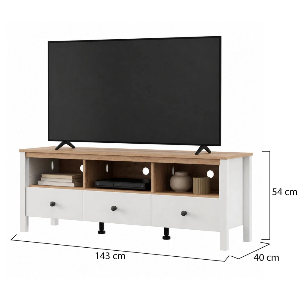 Tiarno, Mobile Porta tv 3 Cassetti, 143x40x54h cm Bianco Opaco