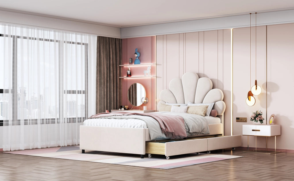 DESMIU Letto Singolo 1 Posto con 2 Cassetti e Testiera Floreale 90 × 200 cm, senza materasso, in velluto, beige