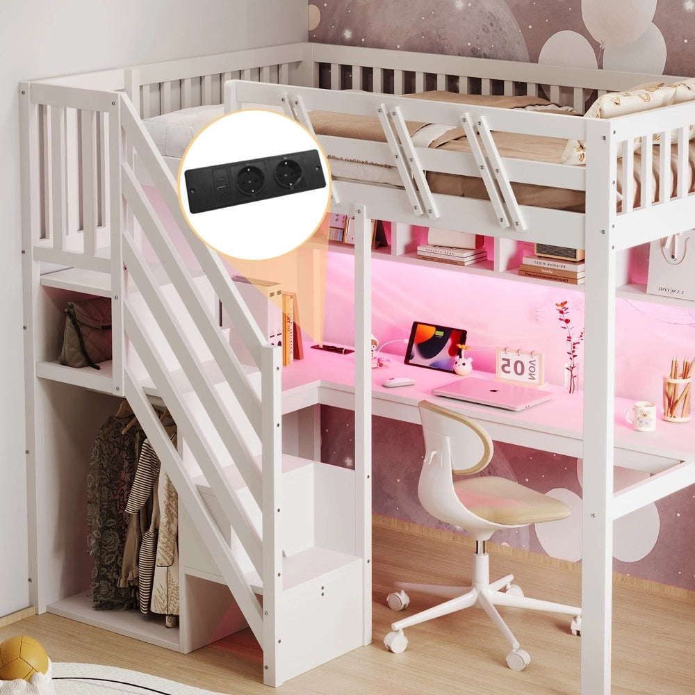 Letto a Soppalco in Legno Massello con Scrivania, LED e USB ¨C MINIMAL ¨C Singolo 90x200 Bianco