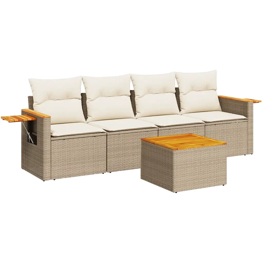 Set Divano da Giardino 5 pz con Cuscini Beige in Polyrattan