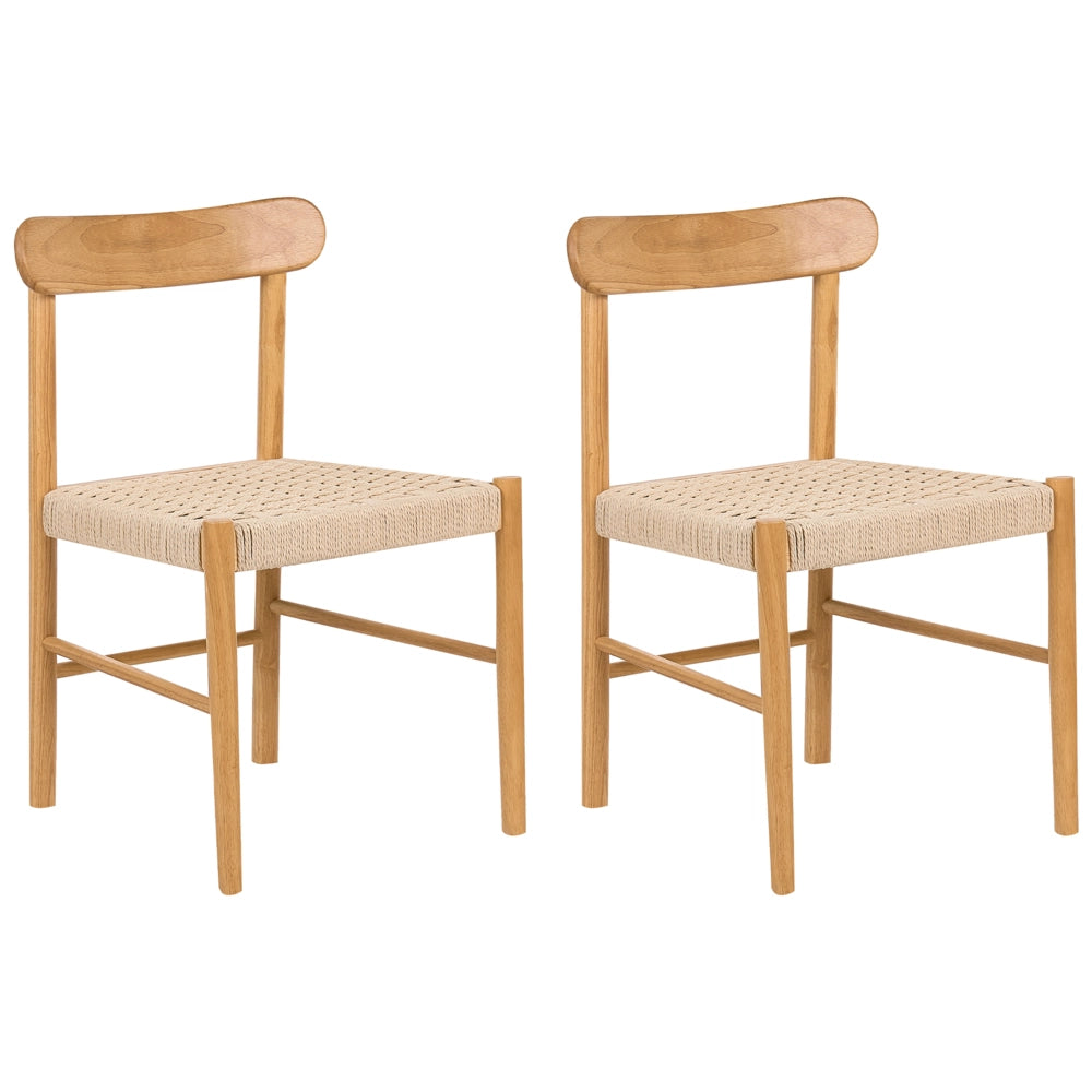 Set di 2 sedie da pranzo con struttura in legno di gomma e sedili in corda di carta senza braccioli in stile retrò per la sala da pranzo marrone e beige