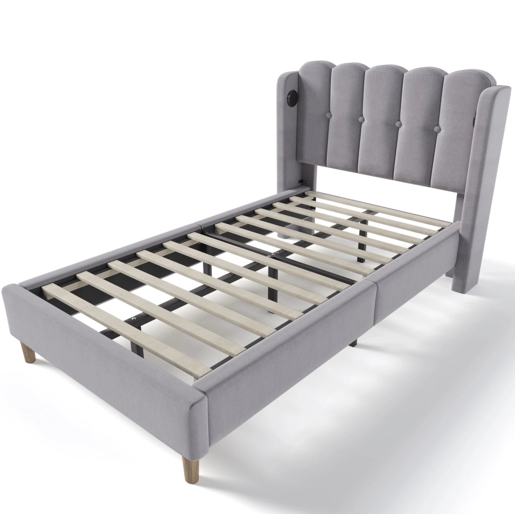 Letto imbottito 90x200 cm con ricarica USB e Type C; lino; grigio (Senza materasso)