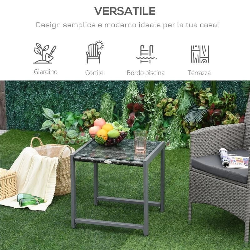 TAVOLINO DA ESTERNO CON STRUTTURA IN ALLUMINIO E PE RATTAN OIANO IN VETRO GRIGIO