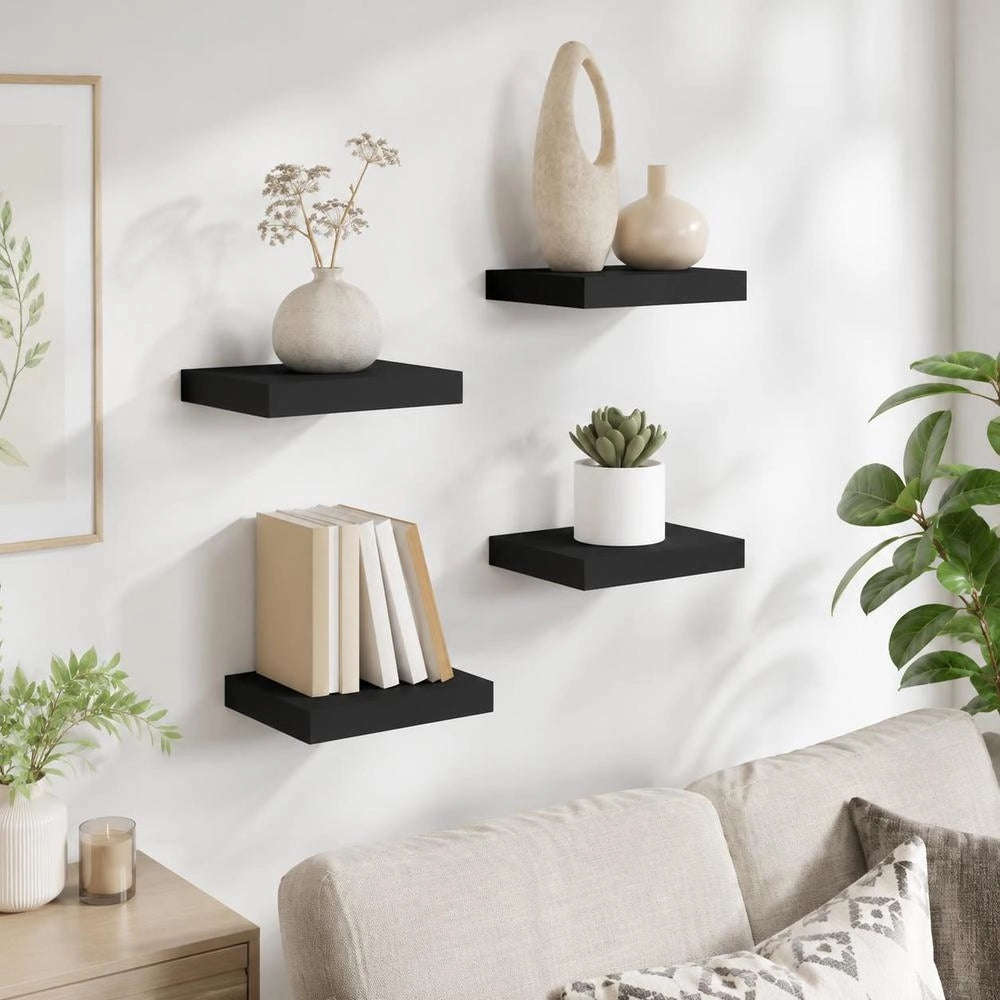 Floating Wall Shelves, 4 Pieces, Black, 23x23.5x3.8cm, MDF
