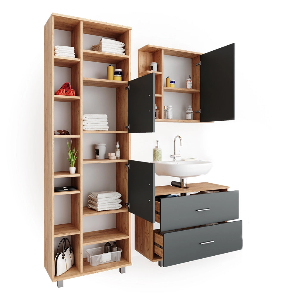 Vicco Set mobili bagno Antracite/quercia dorata 3 parti, con colonna