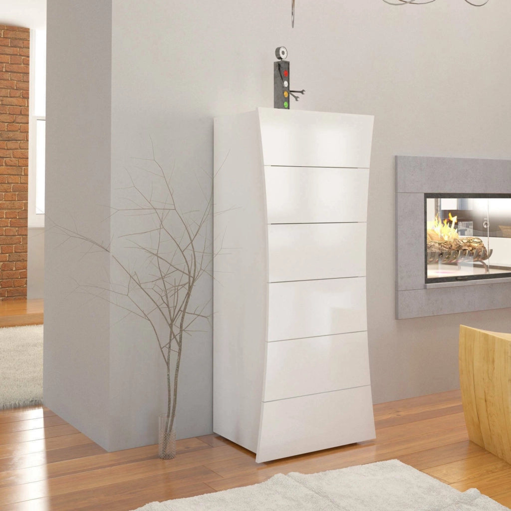 Cassettiera a 6 Arignano, Made in Italy, Design a ondulato moderno, Settimanale per camera da letto, cm 50x40h122, colore Bianco lucido