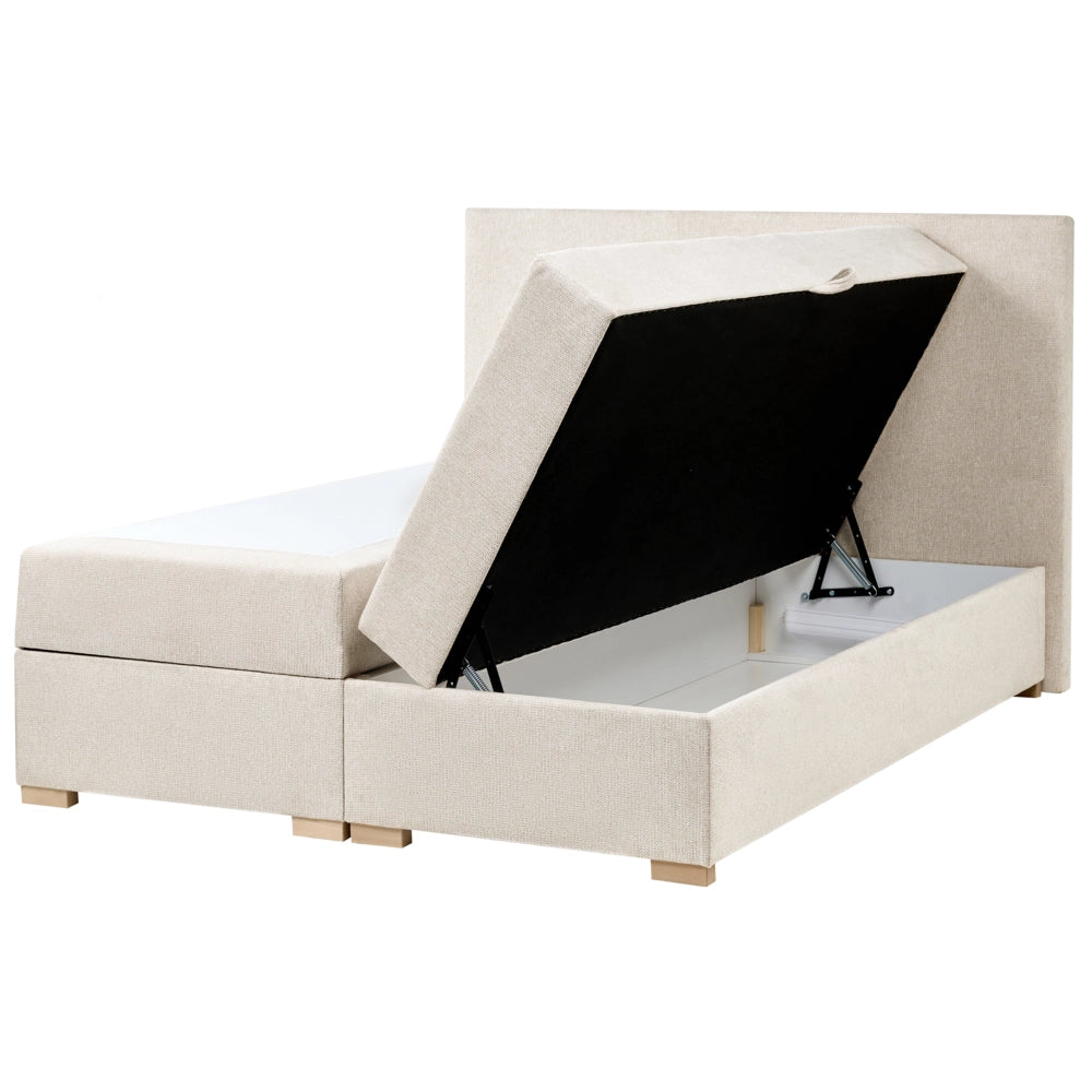 Letto matrimoniale con contenitore sollevabile in tessuto beige chiaro 140 x 200 cm con testiera stile moderno