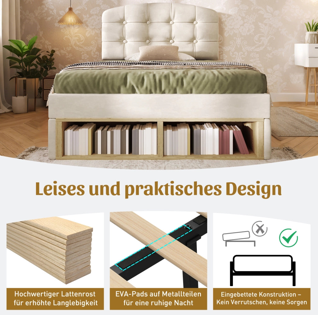 Letto imbottito beige con testiera regolabile e contenitore