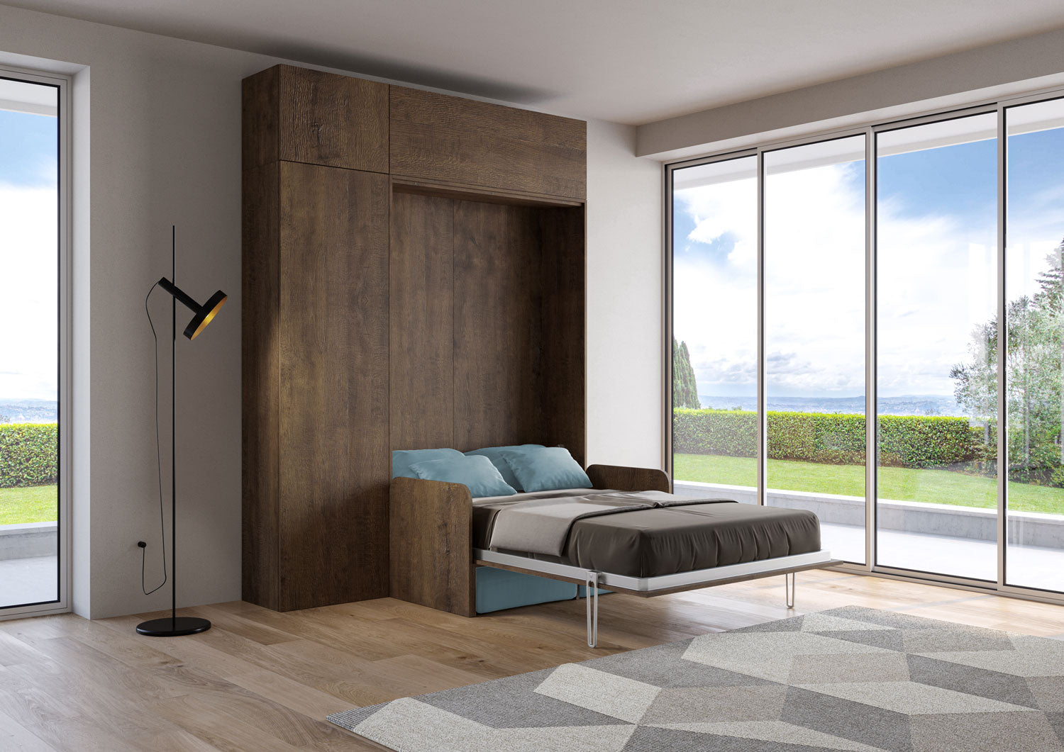 Letto Matrimoniale Francese A Scomparsa 140 Kentaro Con Divano E Mobili Noce e Azzurro