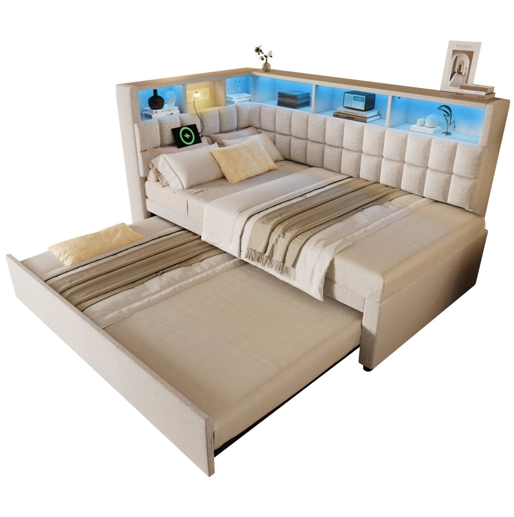 Letto imbottito 90x200 con letto estraibile, LED, Bluetooth e ricarica USB/Type-C
