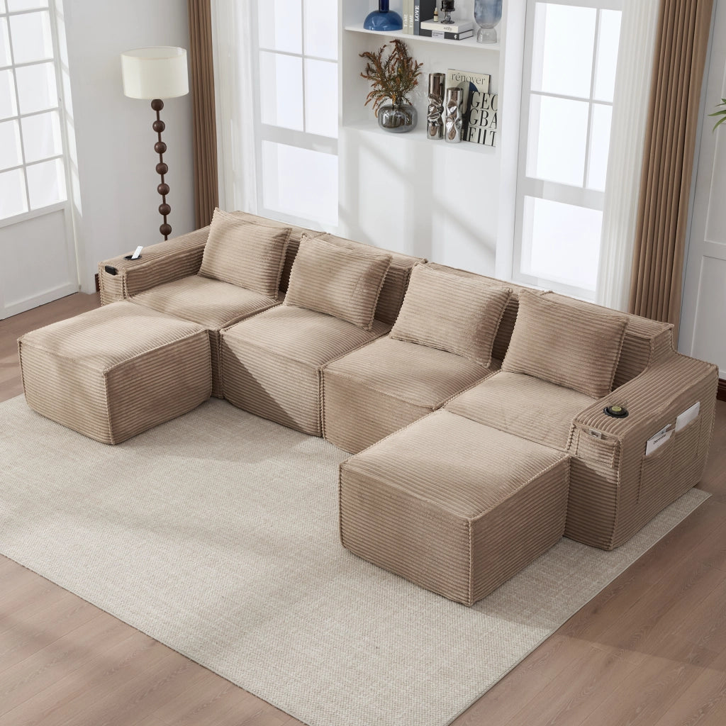 Divano modulare 4 posti con portabicchieri, tasche laterali e 2 pouf, in tessuto corduroy khaki