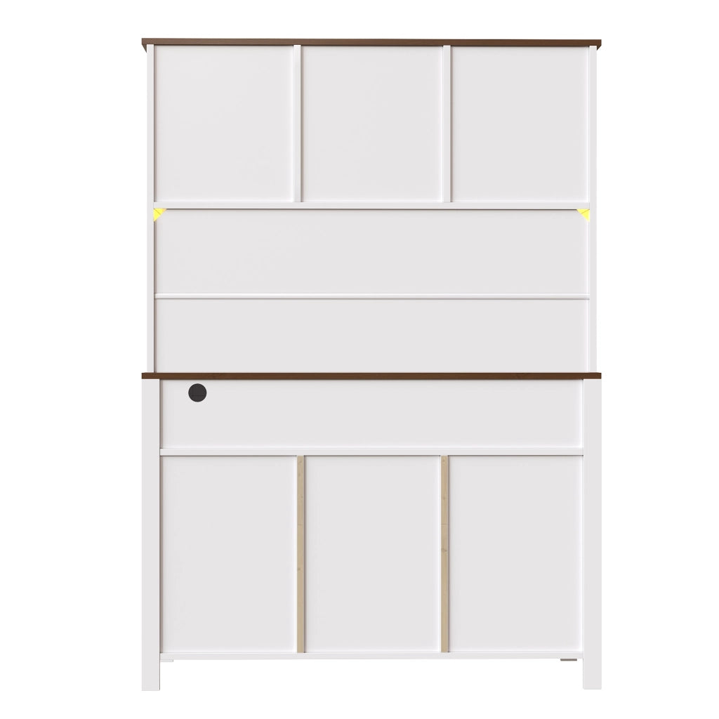 Credenza alta in MDF e vetro con LED, portabicchieri e prese USB, cucina e soggiorno, bianco 120 × 40 × 170 cm