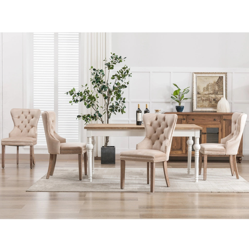 Sedie da Pranzo Imbottite in Velluto ¨C MINIMAL ¨C Beige, Gambe in Legno Massello, Set 4 Pezzi