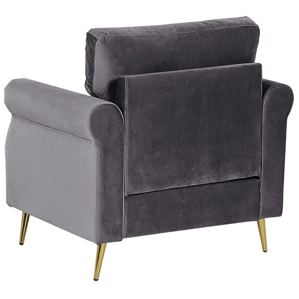 Poltrona Tessuto Velluto Grigio Scuro Rivestimento Gambe In Metallo dorato Cuscini Seduta E Schienale Sfoderabili Stile Retrò Glam
