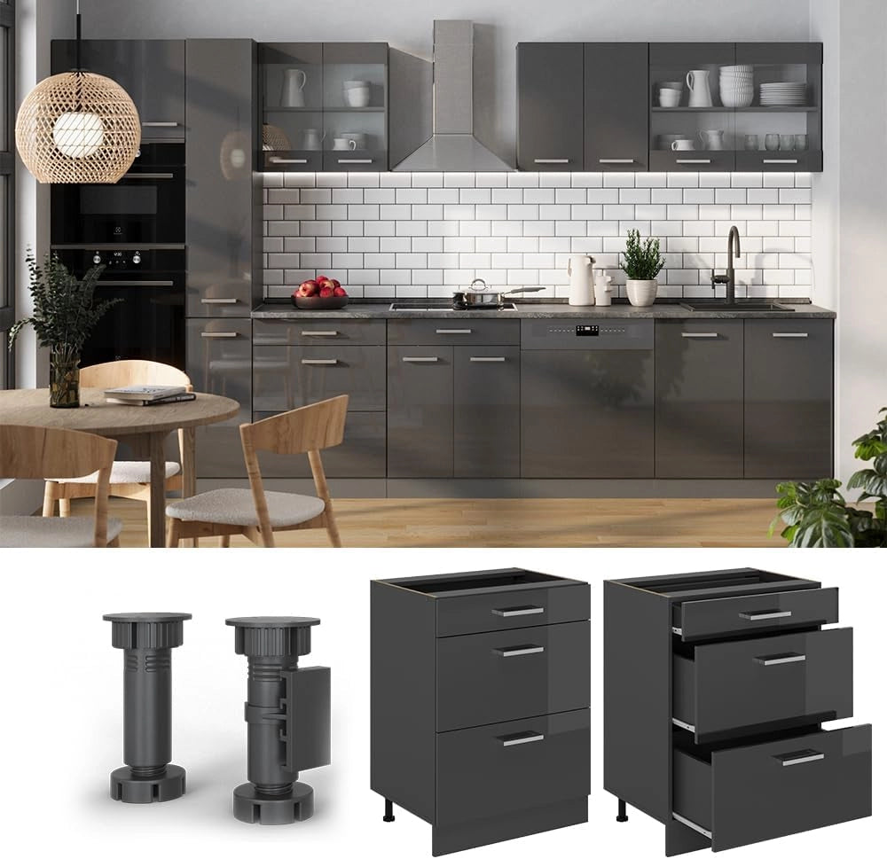 Mobiletto base per cucina R-Line, Antracite lucido, 60 cm con cassetti, senza piano di lavoro, per la libera combinazione all'interno di sistemi cucina modulari
