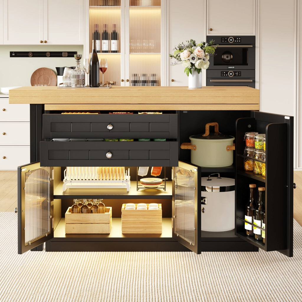 Mobile cucina multifunzionale con piano girevole ed estensibile; 2 cassetti; ante in vetro e ripiani; per sala da pranzo; nero; 120 × 40 × 73.5 cm