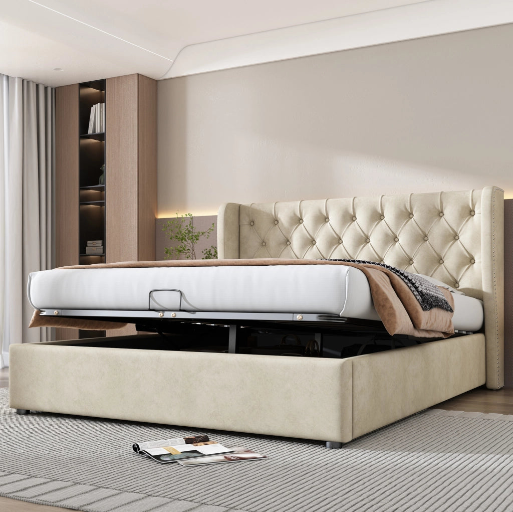 Letto matrimoniale imbottito 140x200 cm in velluto grigio; stile Chesterfield con contenitore e rete