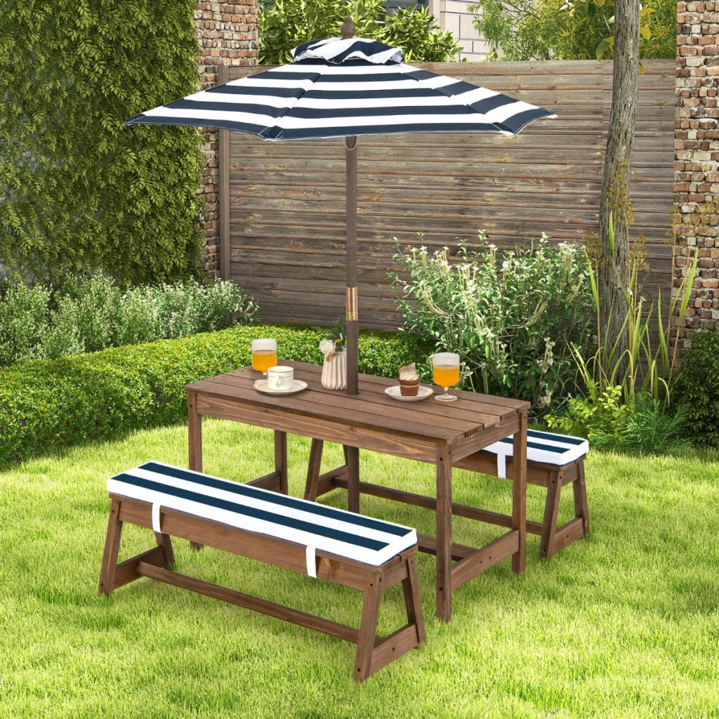 Tavolo da picnic per bambini con ombrello, Set di tavolo e panca in legno con cuscini  per attivit¨¤ Blu-Tavoli e sedie