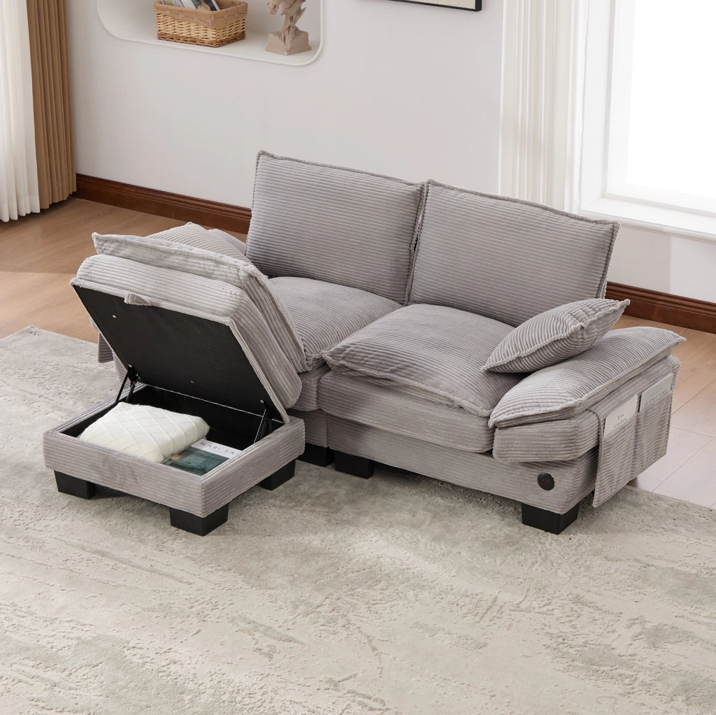 Divano 2 posti in velluto a coste con pouf; USB-C e tasche laterali grigio chiaro