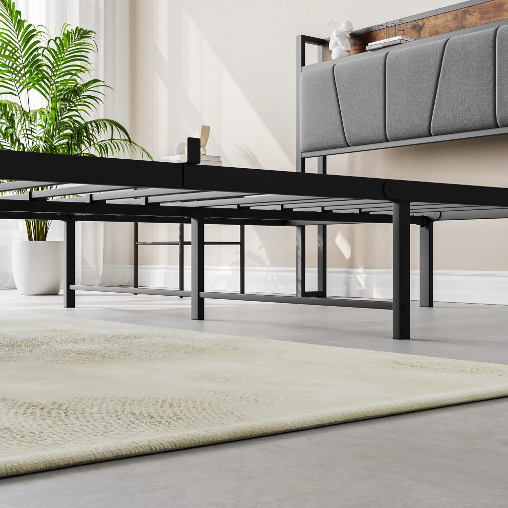 Struttura letto 120 × 200 cm con testiera contenitore; LED; USB e presa; metallo e MDF marrone antico